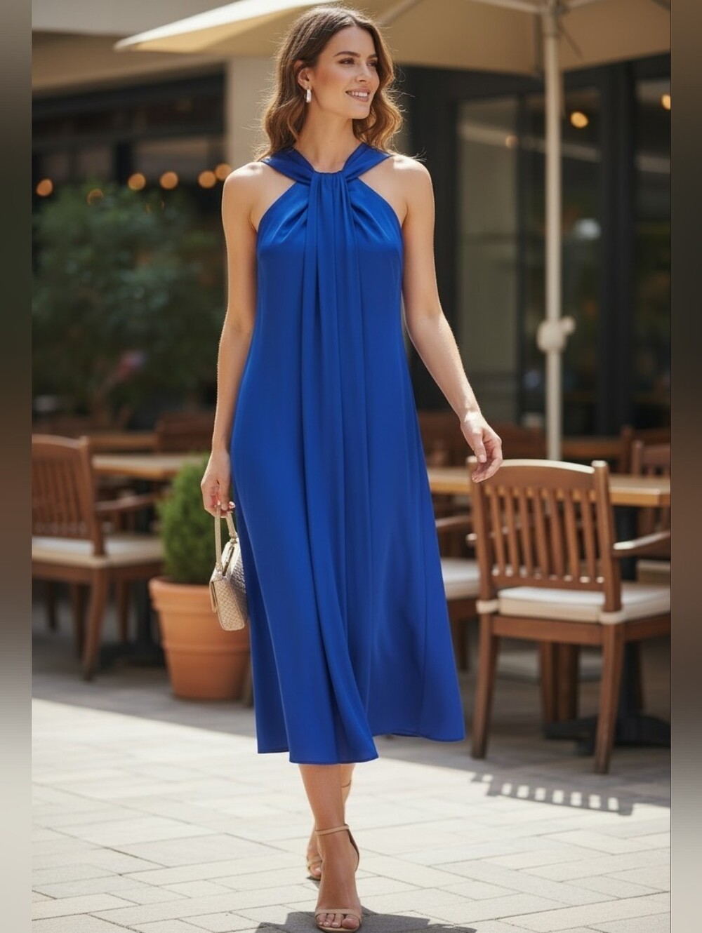 St. John Royal Royal Blue Liquid Satin Draped Midi Dress